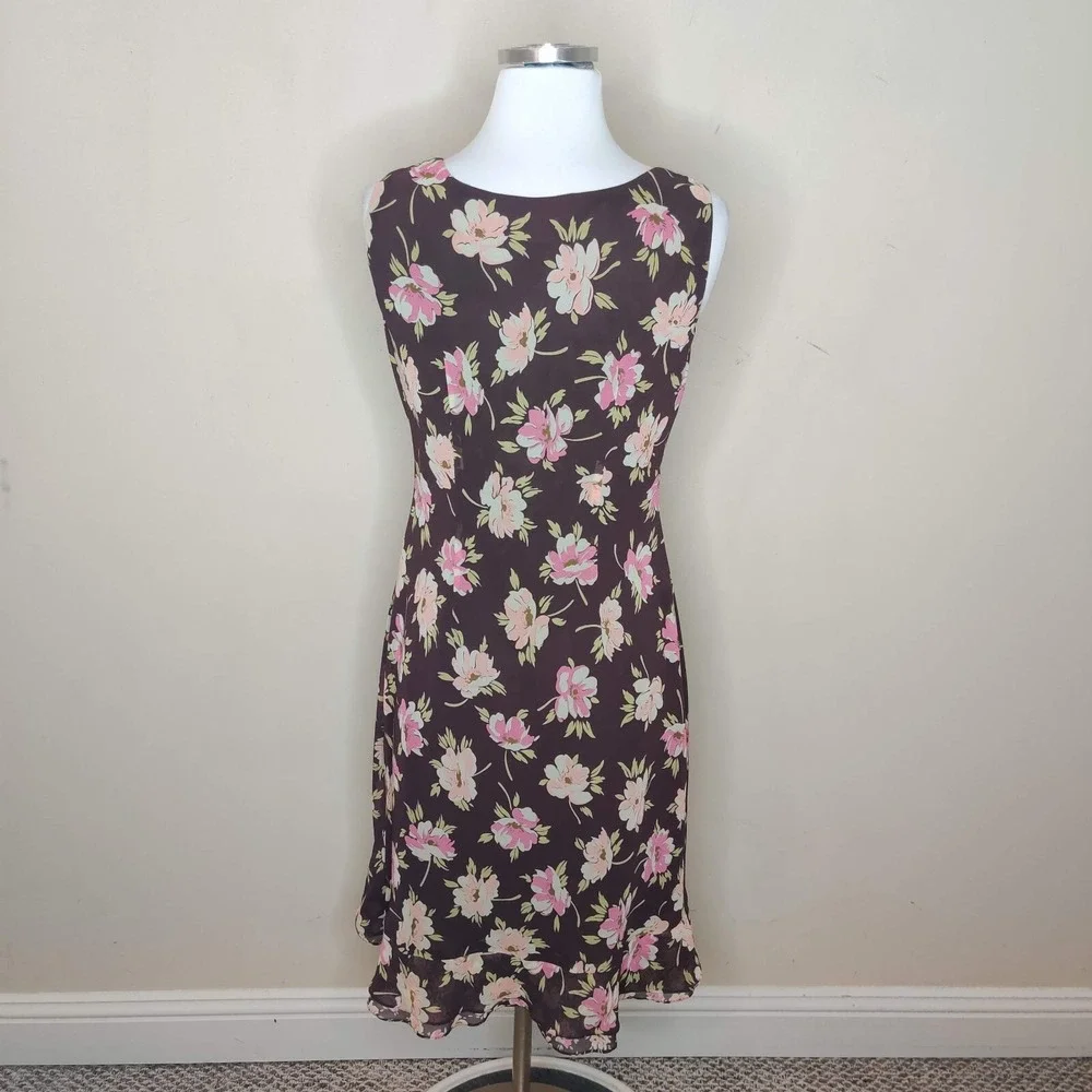 LOFT Floral‎ Dress Sleeveless Ruffled Hem Brown Pink